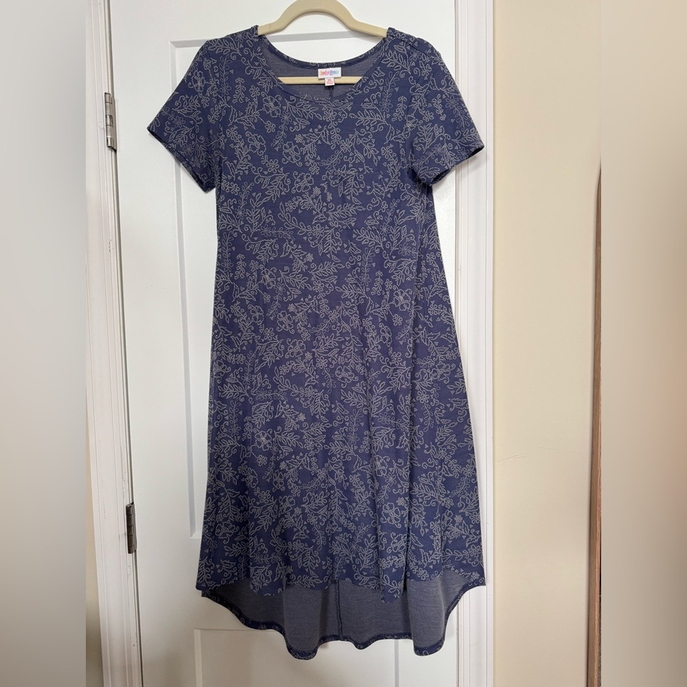 LuLaRoe Purple/Blue Floral T-shirt Dress Sz XS fits Med Pocket on front